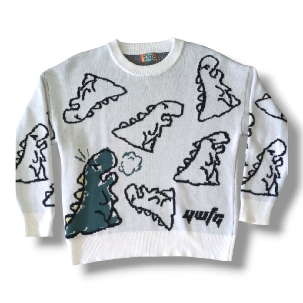 YWFG Dino Knit Crew Neck Cream Black Green Sweater Men's Large